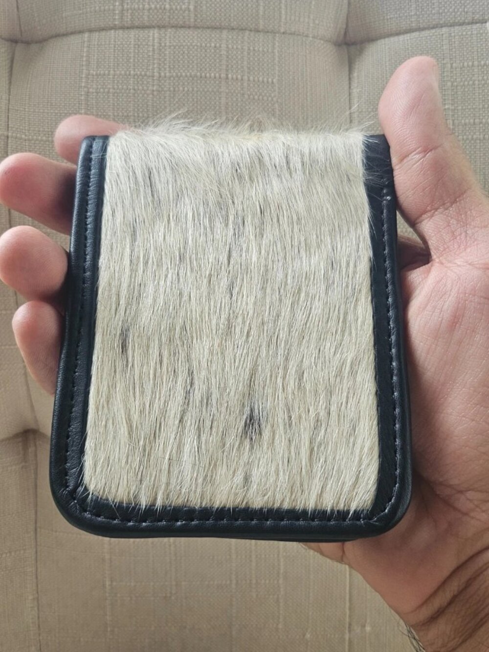 Handmade Genuine Fur Wallet White Hair Fur Cardholder Black Leather Billfold